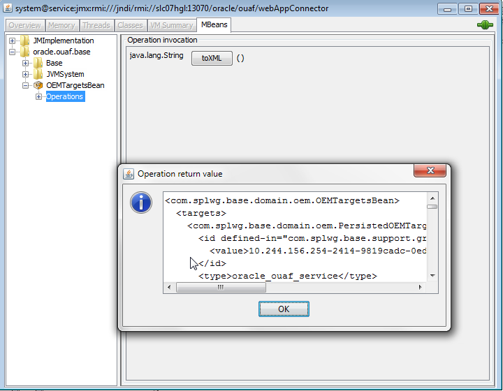 Determine the XML of the targets to be discovered for the JMX connection by expanding OEMTargetsBean, selecting Operations, and clicking the toXML button.