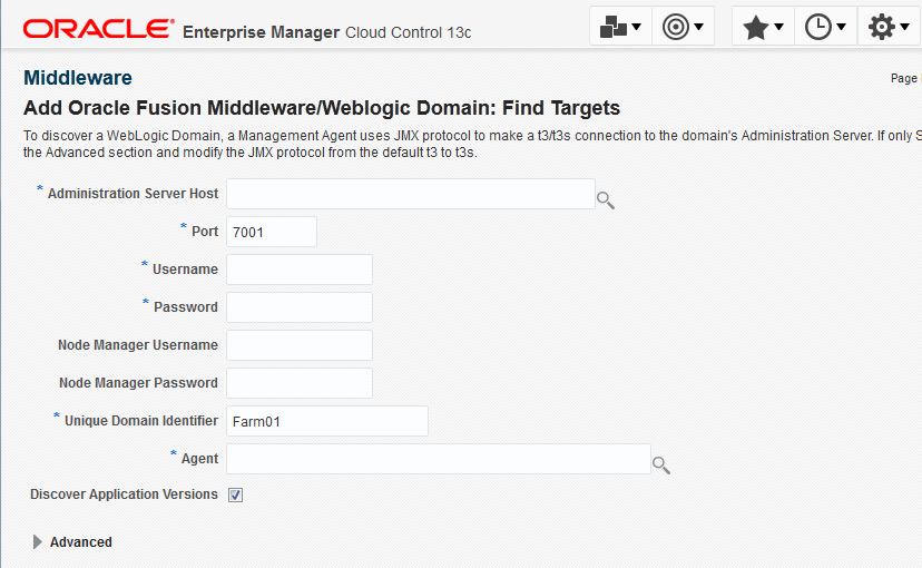 Selecting the Add Using Guided Process option facilitates the data entry of the WebLogic admin server details and the discovery of the WebLogic domain or Fusion middleware.