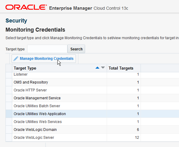 The Manage Monitoring Credentials button initiates the creation of the monitoring credentials for the web application, web service, and batch server targets.