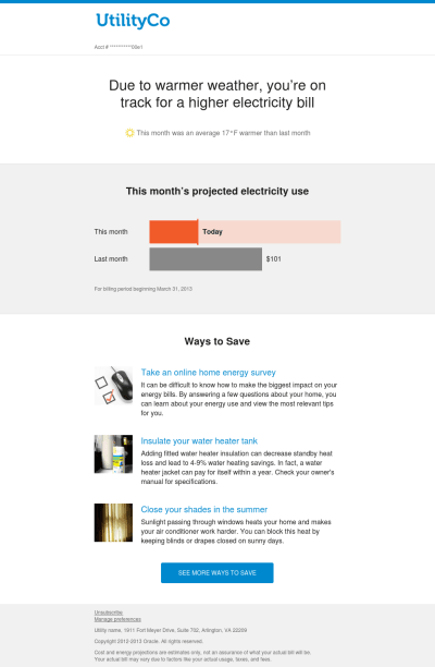 Image of high bill alert communication sent to customers whose usage or bill is projected to be 30 percent over their previous bill