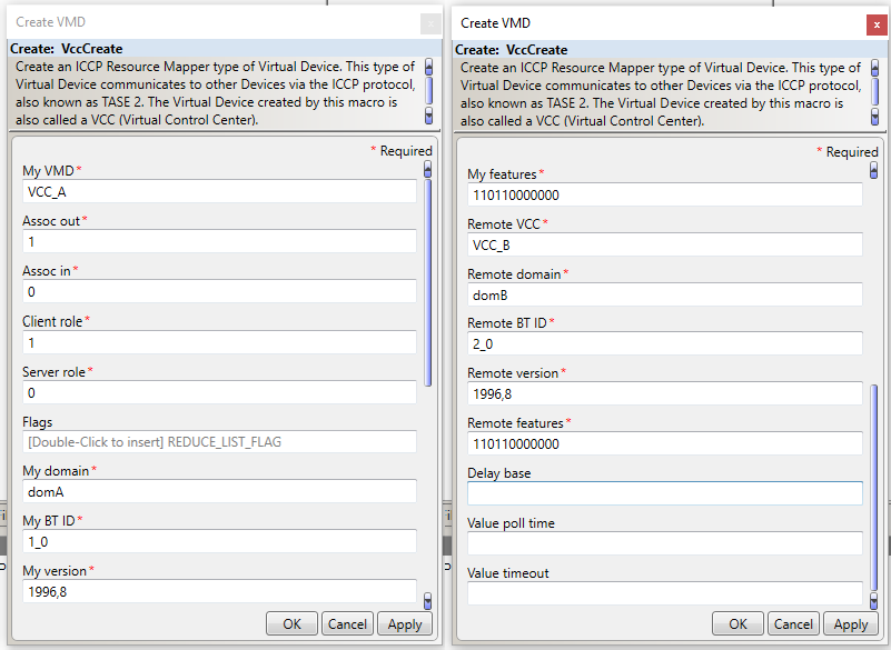 Vcc Create fields with the required values for creating a local v c c and an o k, cancel, and apply button