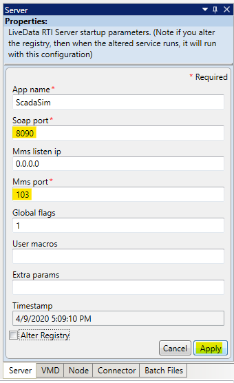 Image of server parameters