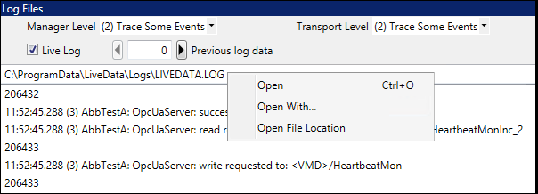 Right-click log files path name and select Open With