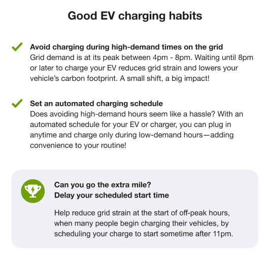 This image shows an example of the EV Habits Checklist module that can be included in the Weekly Energy Udpate email.