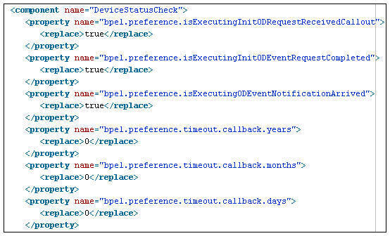 Snapshot showing an example of the properties found in DeviceStatusCheck component. These are the pre-deployment changes and cannot be altered at runtime.