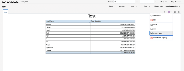 Image of repor with Excel selected from the drop down menu