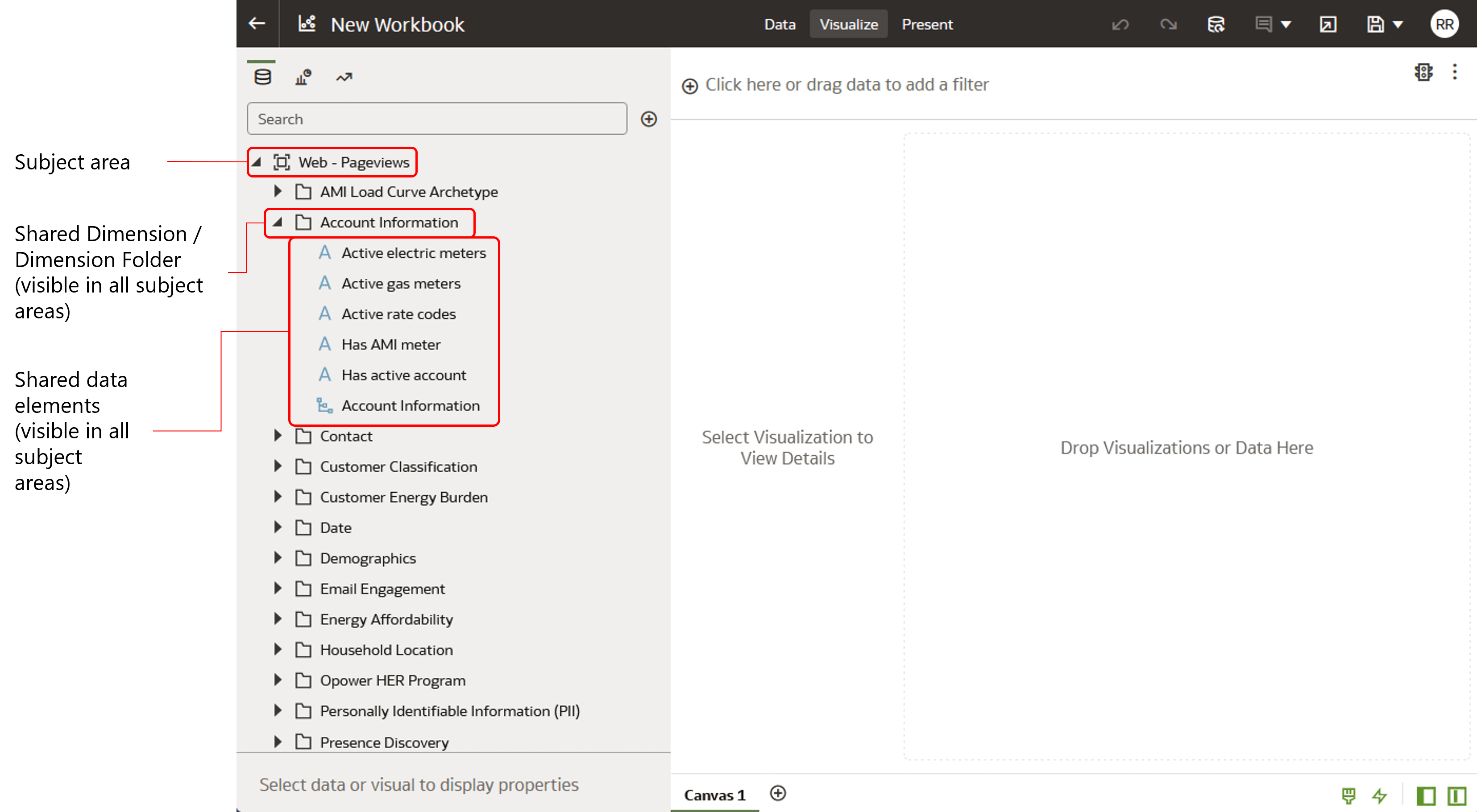 A screenshot illustrating where to find subject area dimensions and data elements.