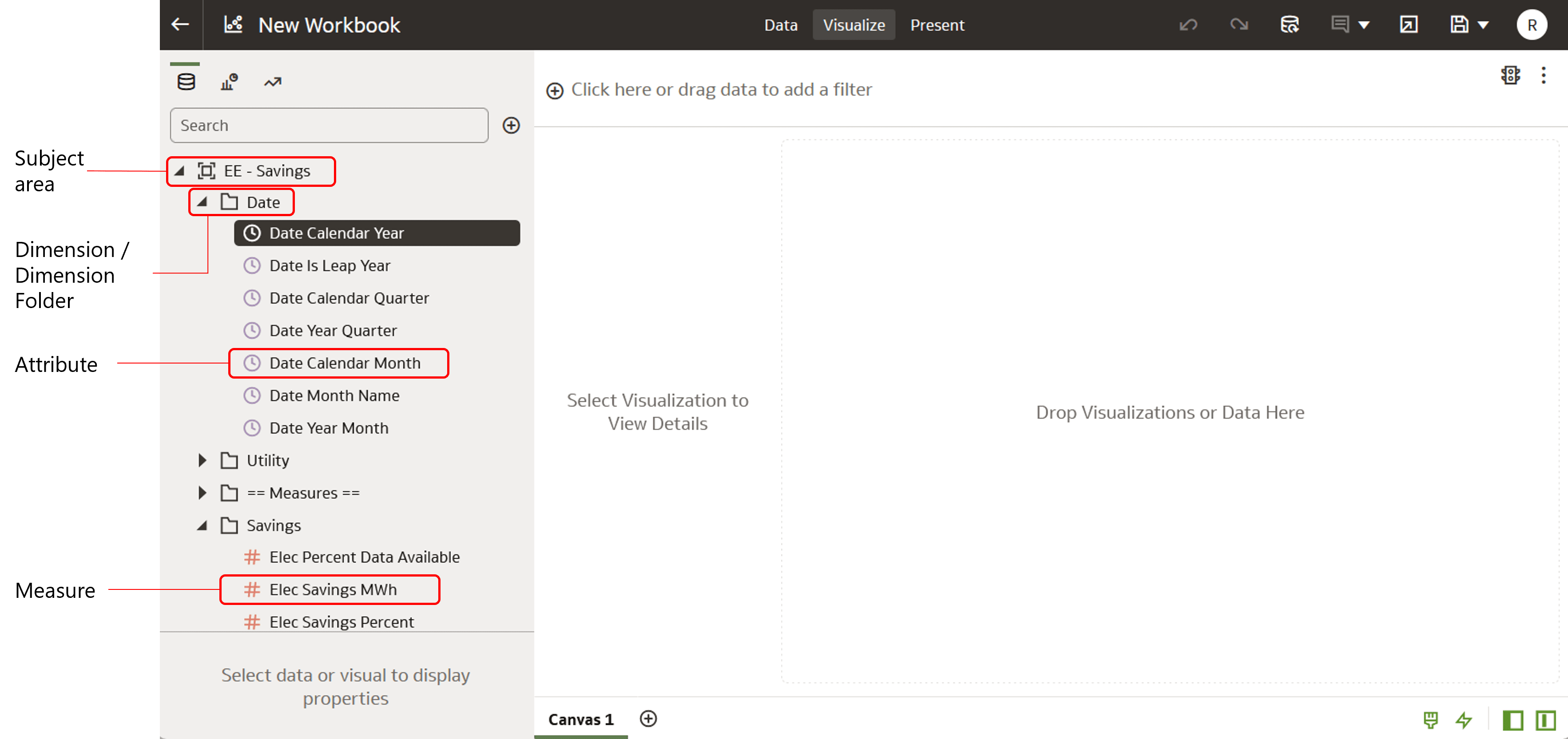 Screenshot showing where a subject area, dimension folder, attribute, and measure appears in the user interface.