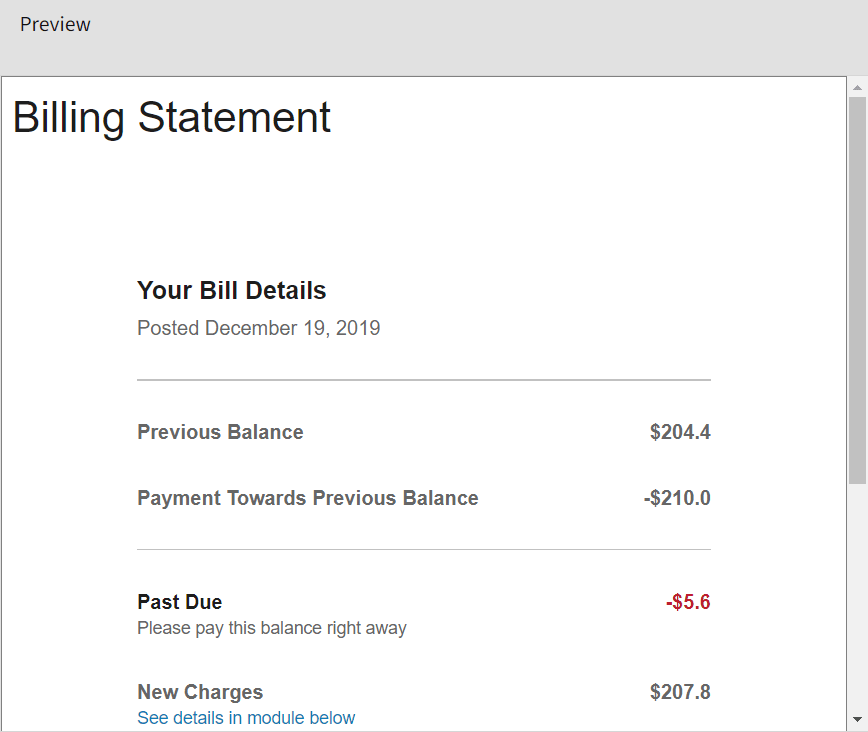 Updated configuration of the Bill Summary widget which includes modified currency formatting to show a single decimal place