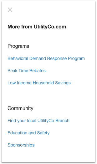 Secondary website navigation menu which links to utility resources