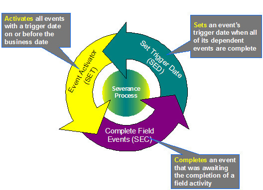 The Severance background processes are the Set Trigger Date (SED), Event Activator (SET), and Complete Field Events (SEC). SED sets an event's trigger date when all dependent events are complete. SET activates all events with trigger dates that is on or before the business date. SEC completes an event that is waiting for the completion of a field activity.