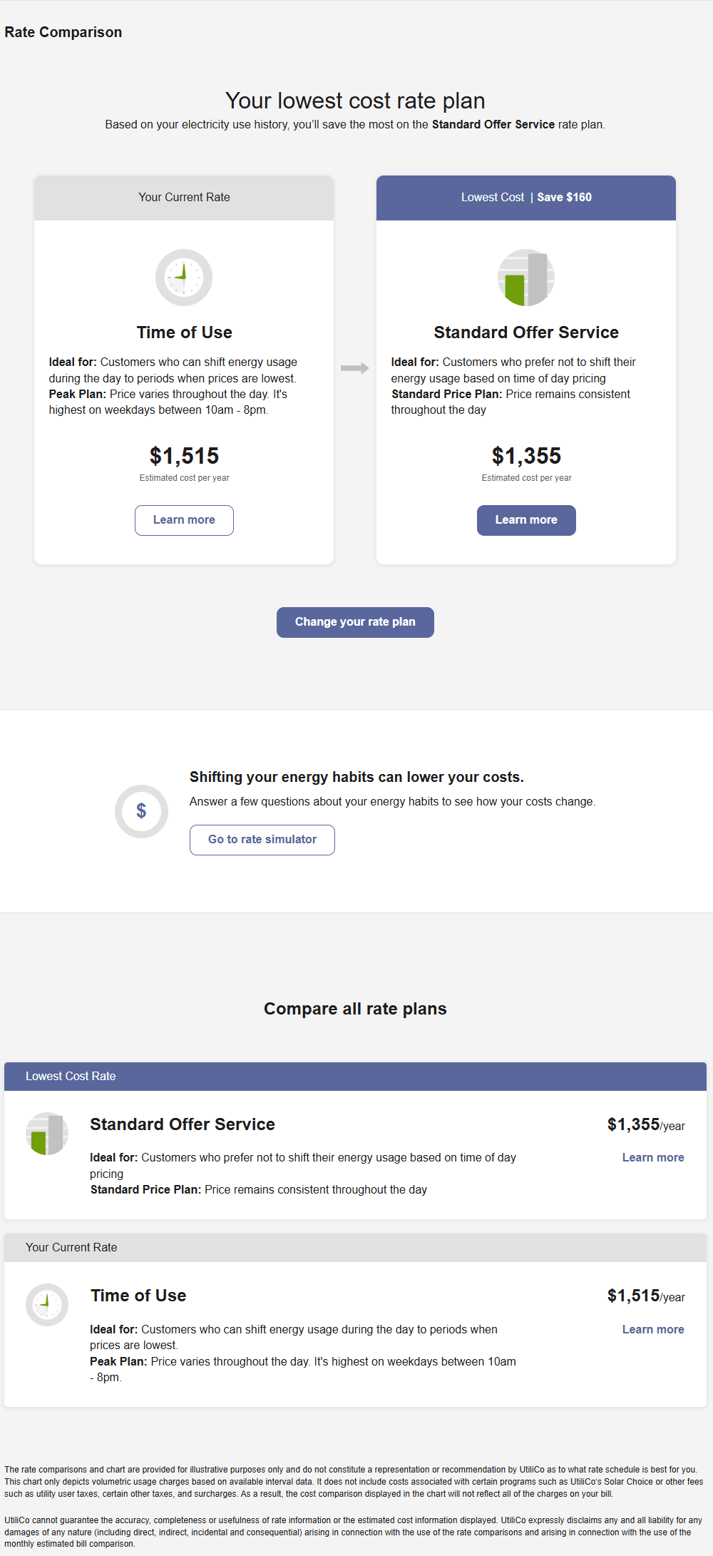 Example screenshot of the Rate Comparison tool, which compares available rate plans for a customer.