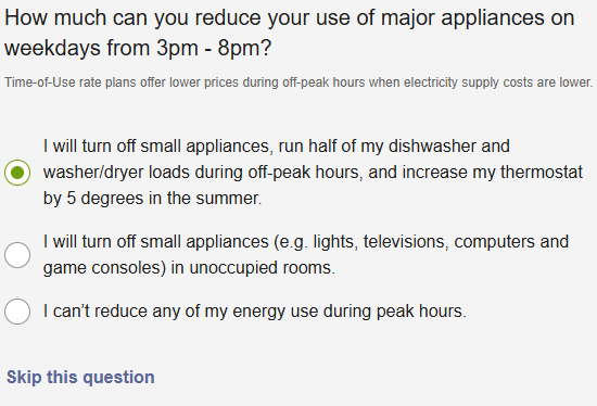 This image shows a rate simulator question related to whether the customer can shift their energy use to avoid peak hours of the day.