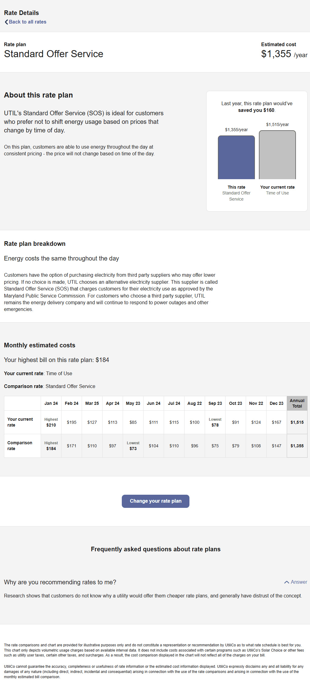 Example screenshot of the Rate Details component, which provides additional details about a rate plan.