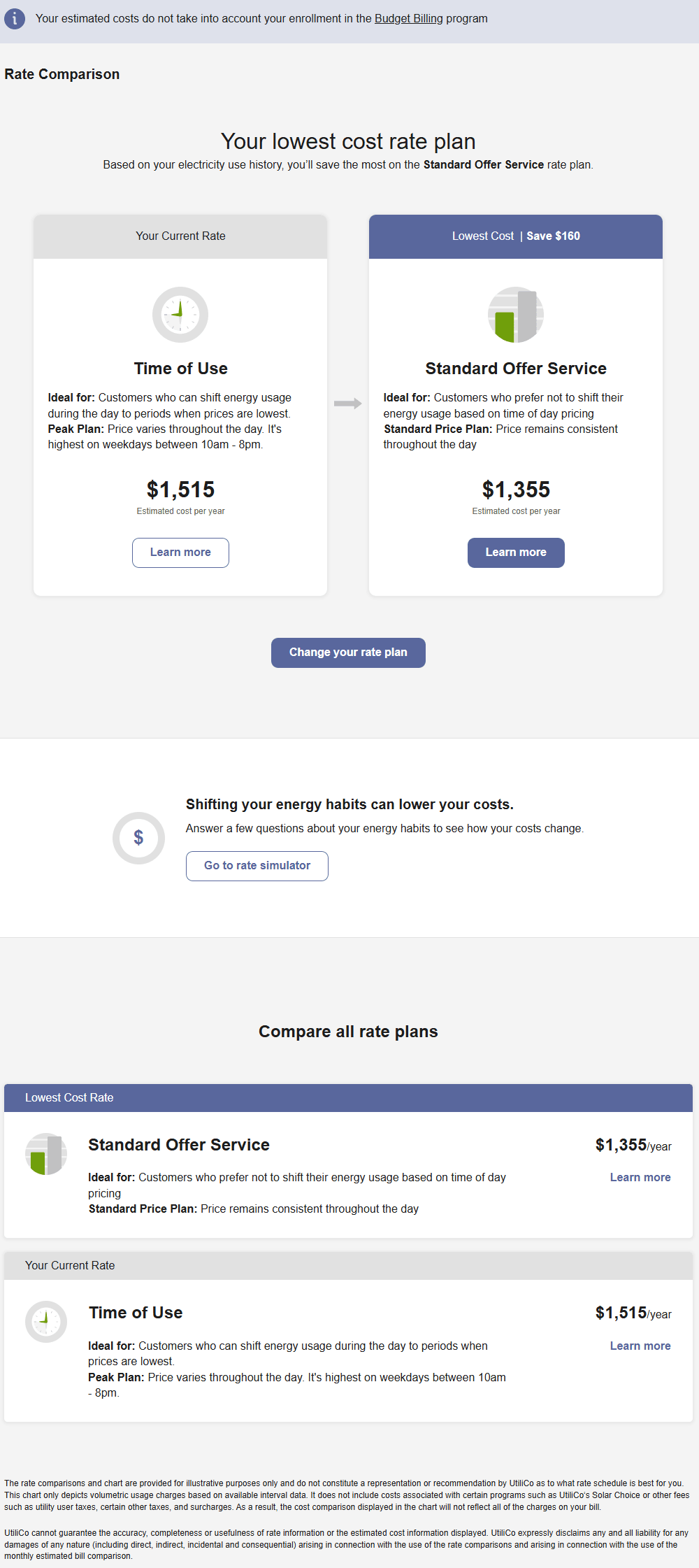 This image shows an example of the Rate Comparison widget, which compares a customer's rate plan to other available rate plans.