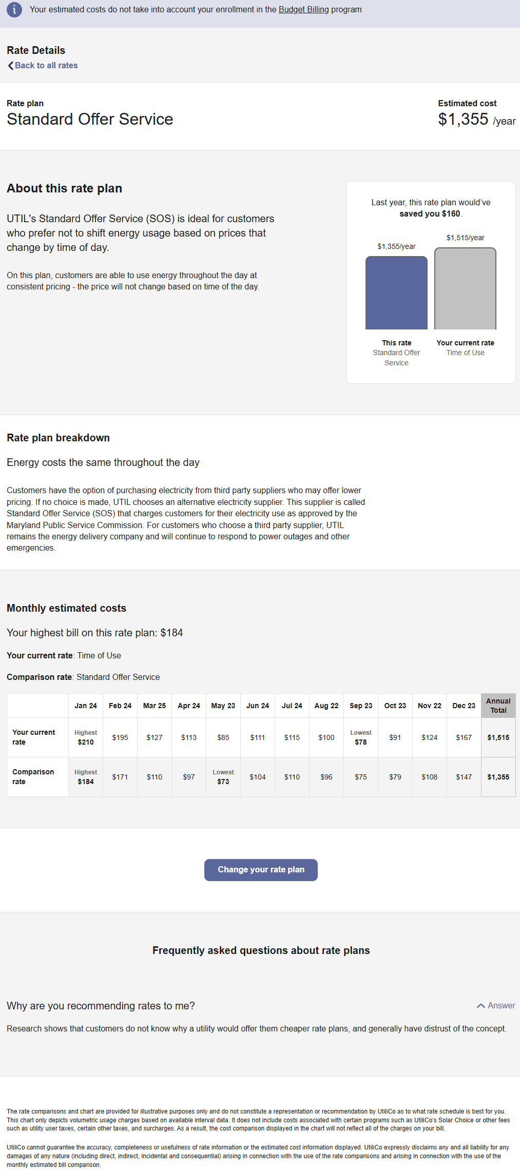 This image shows an example of the Rate Details Widget, which shows details including cost per year, a description of the plan, and cost estimates.