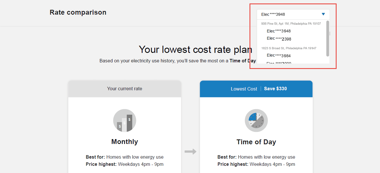 Example screenshot showing the a drop-down menu for a customer who has multiple premises or service points.