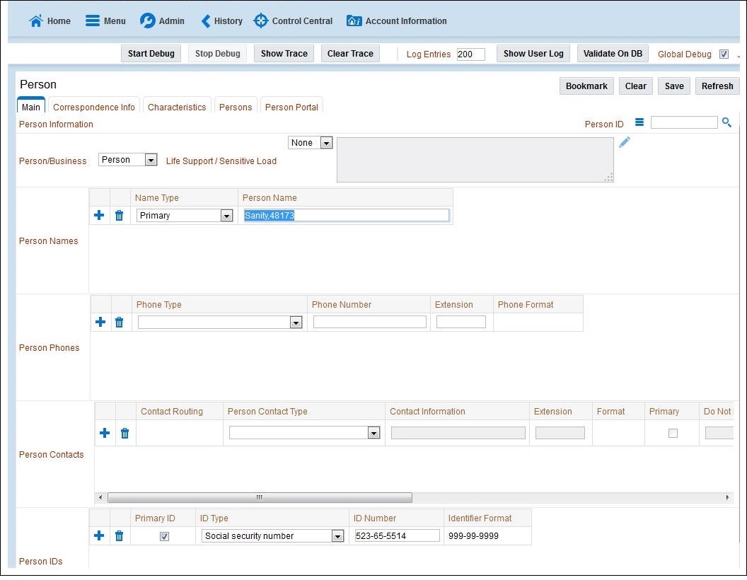 Shows adding a person (person name, person phone, person contacts, Person IDs, etc).