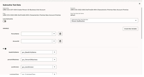 Shows the Edit Test Data screen for a subroutine that outputs a personId and accountId.