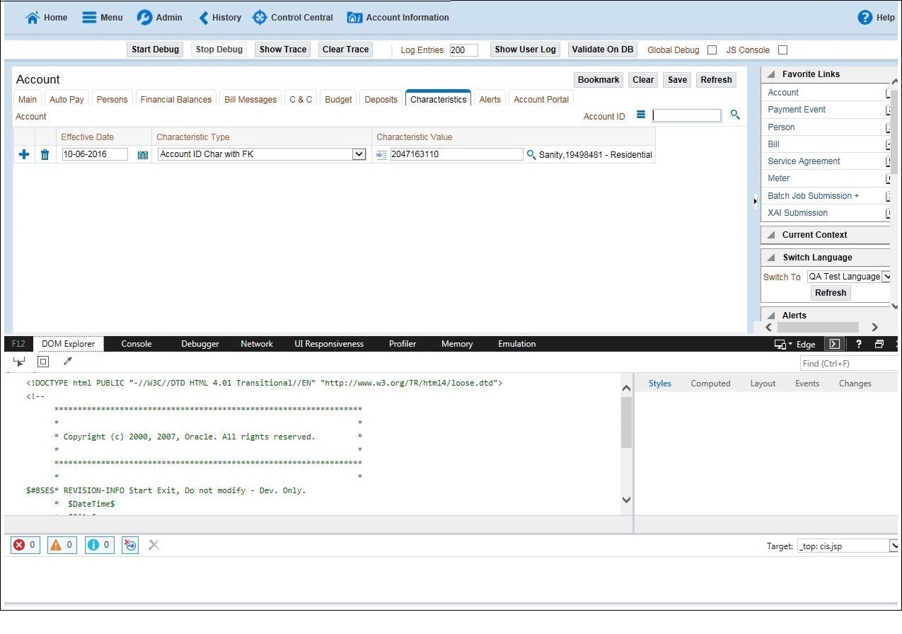 Browser displays the F12 developer tools that help in building and debugging web pages.