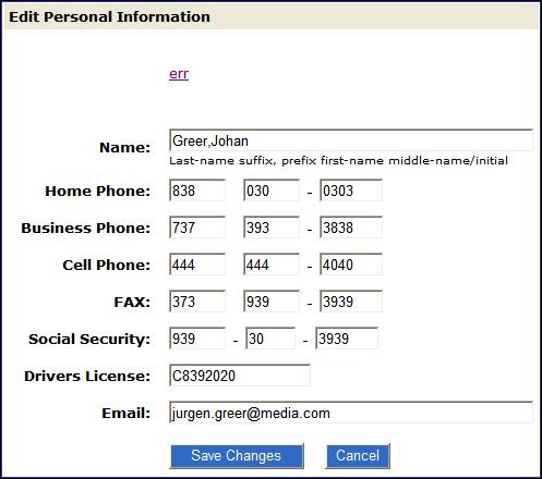 Personal Information input form rendered