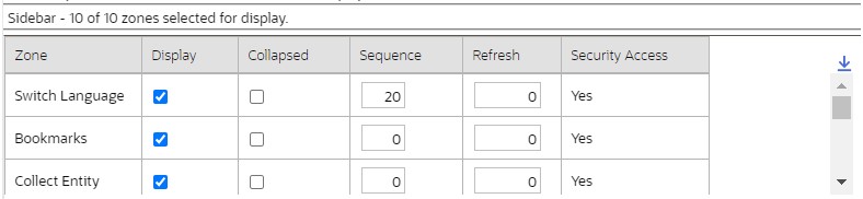 Screenshot of sidebar zones table. To the right, the scroll bar and the Expand button not expanded are shown.