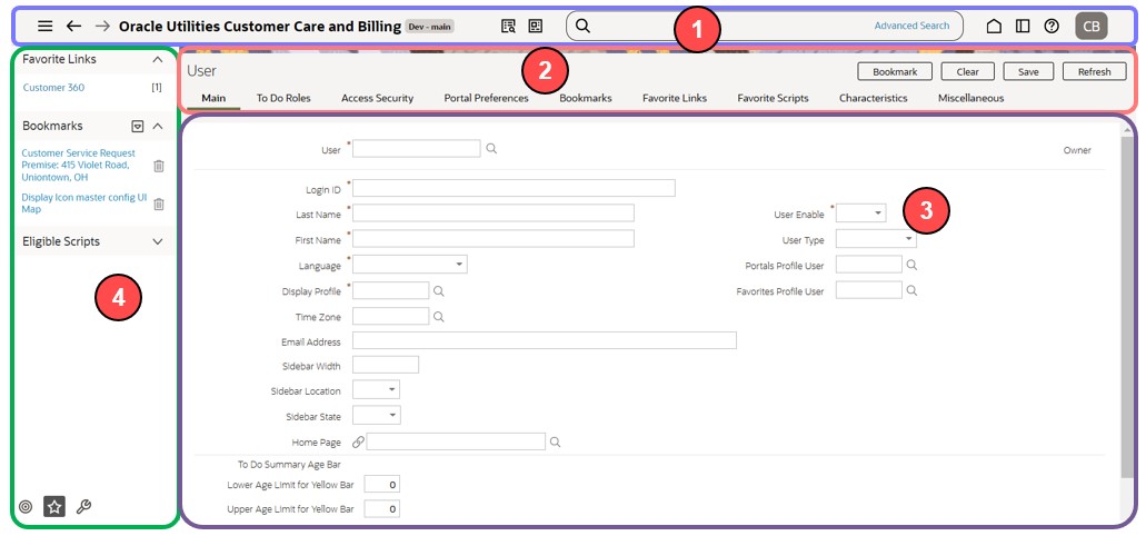 General Layout showing the four main areas: application toolbar at the top, the page title area under it, followed by the object display area, and the sidebar area, which is a vertical menu located on the left side of the page.