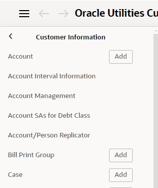 This screenshot shows the Customer Information submenu. Several options are visible. Some have an additional Add button.
