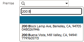 Image of the Premise input field with text in the filter area and some results shown.