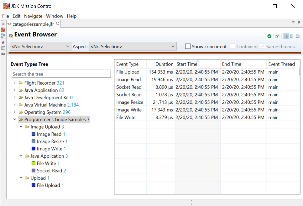 Events generated by CategoriesSample displayed in the JDK Mission Control Event Browser