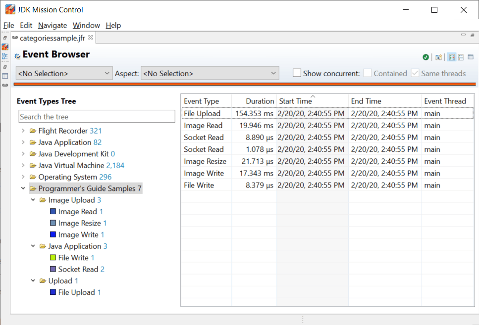 Events generated by CategoriesSample displayed in the JDK Mission Control Event Browser Events generated by CategoriesSample displayed in the JDK Mission Control Event Browser