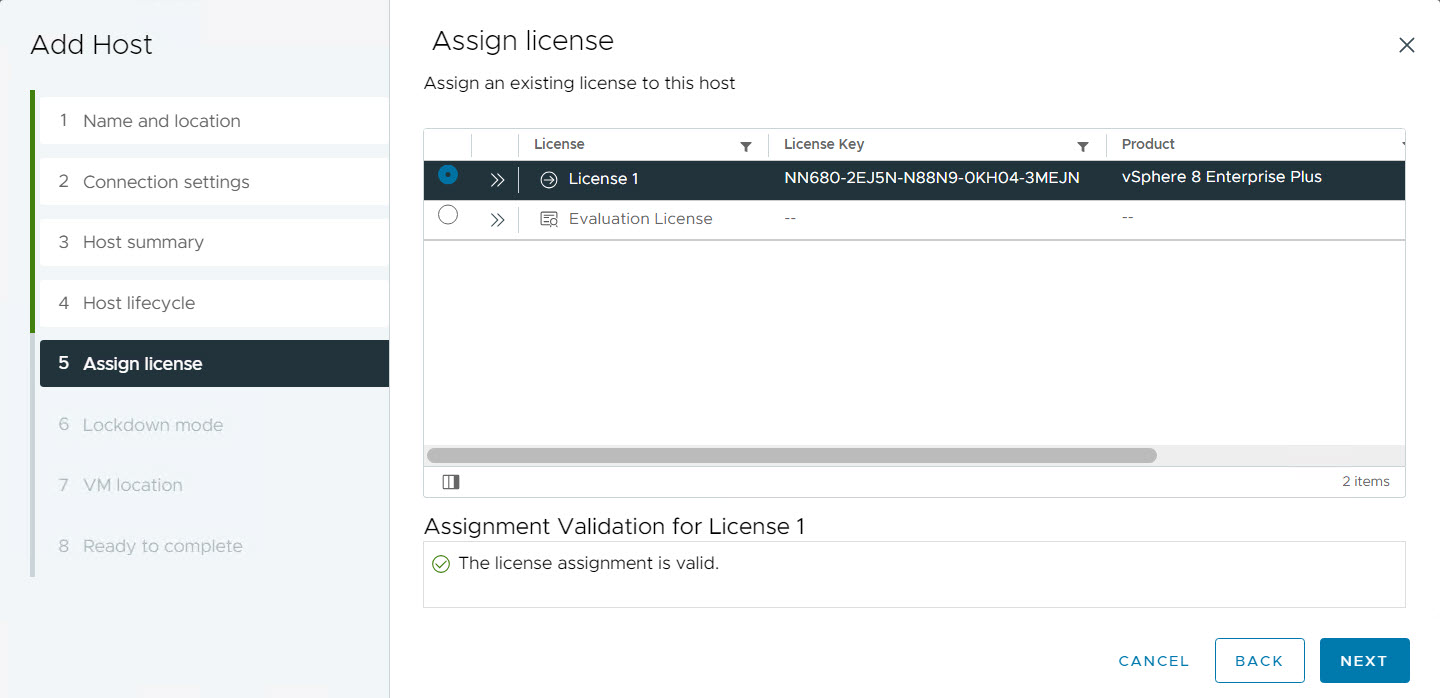 vCenter - Add Host - Assign License