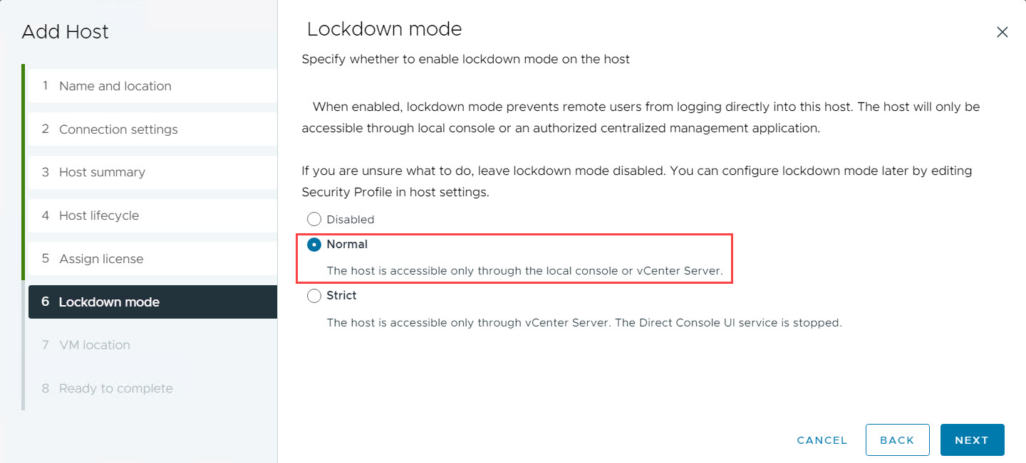 vCenter - Add Host - Lockdown Mode