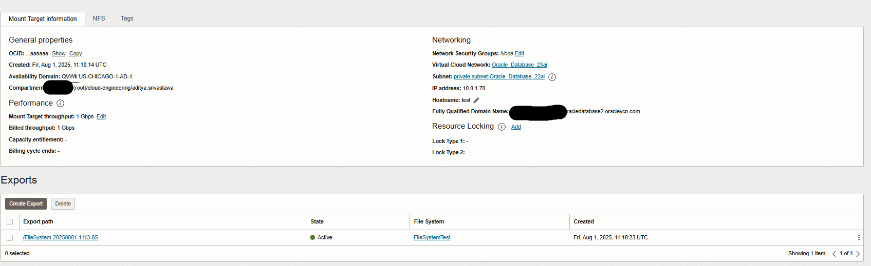 FQDN and export path Image showing how to retrieve the fully qualified domain name (FQDN) and export path of the mount target
