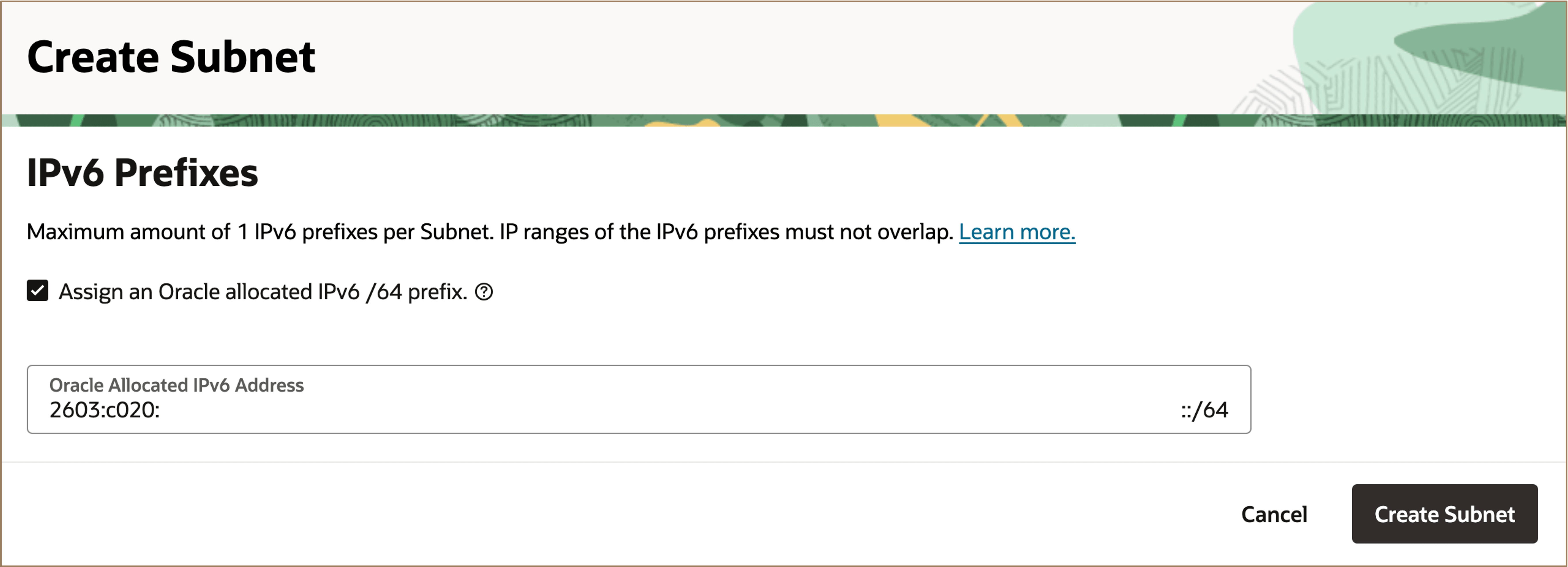 Image showing creating subnet with IPv6