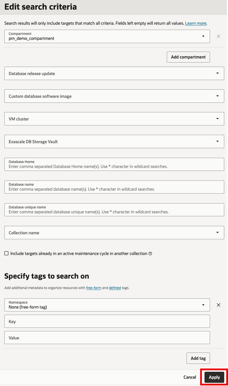 Edit search criteria panel for a database software update collection