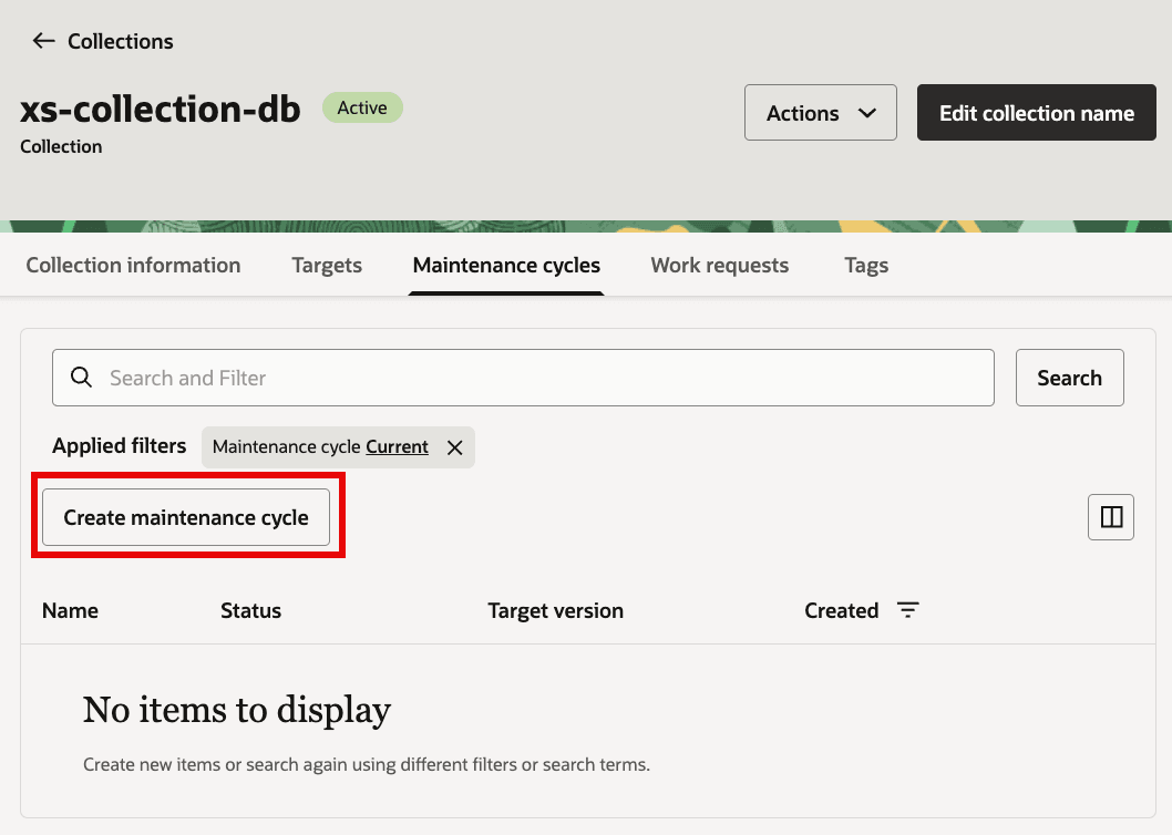Database collection Maintenance cycles tab with Create maintenance cycle highlighted