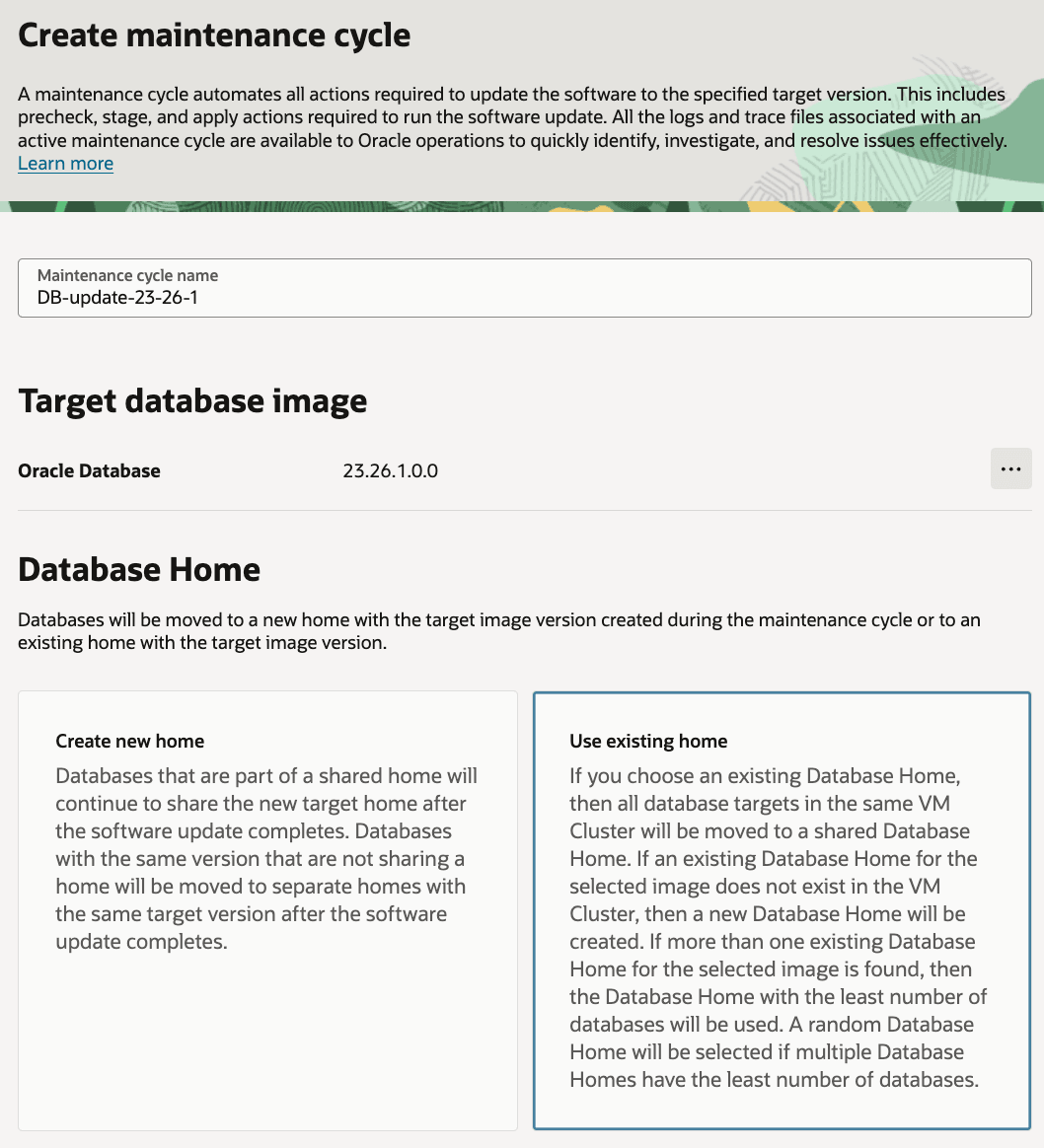 Create maintenance cycle form showing target database version and Use existing home selected