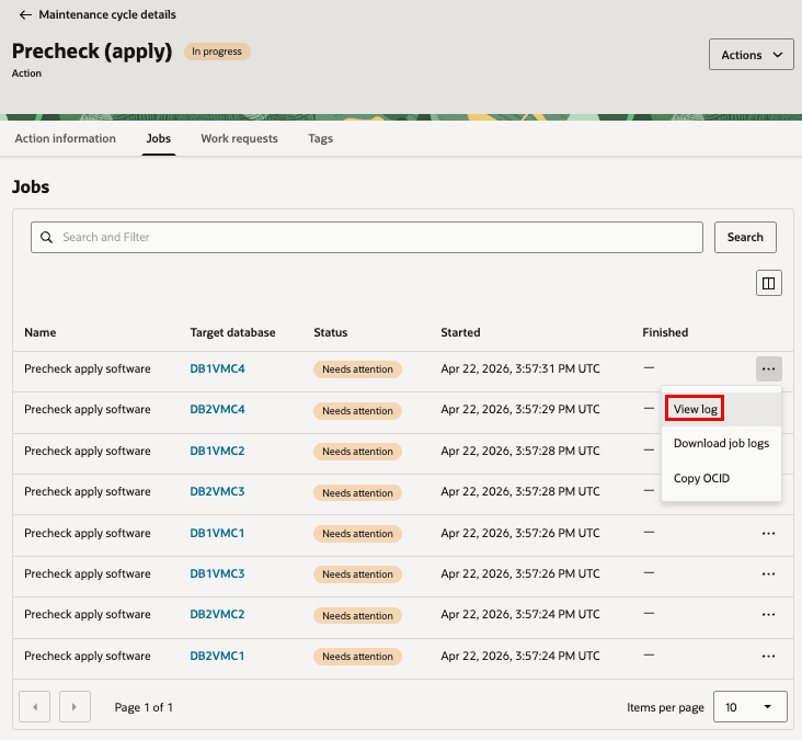 Database apply precheck job details showing status, timestamps, and target information