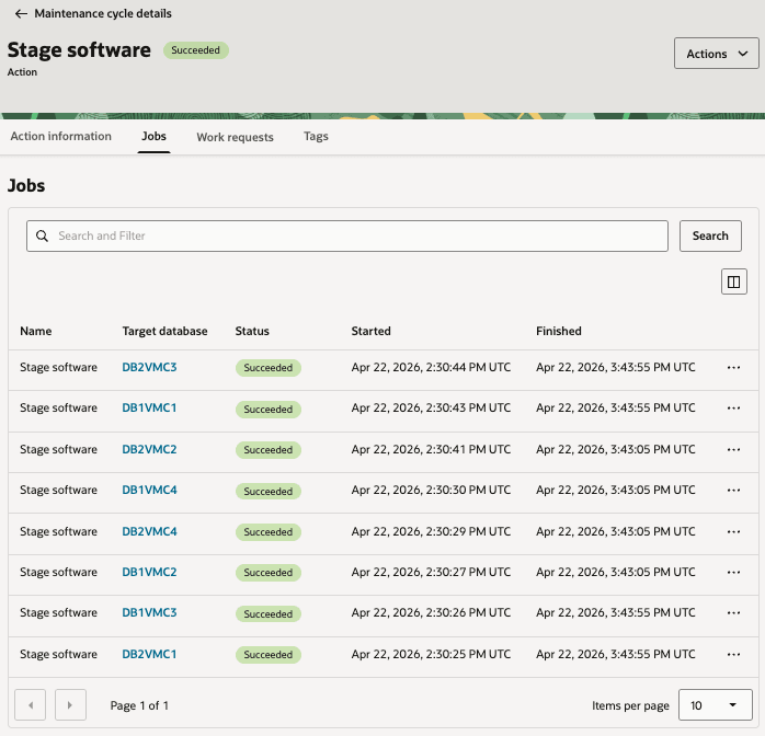 Database stage software action details showing all target database jobs succeeded