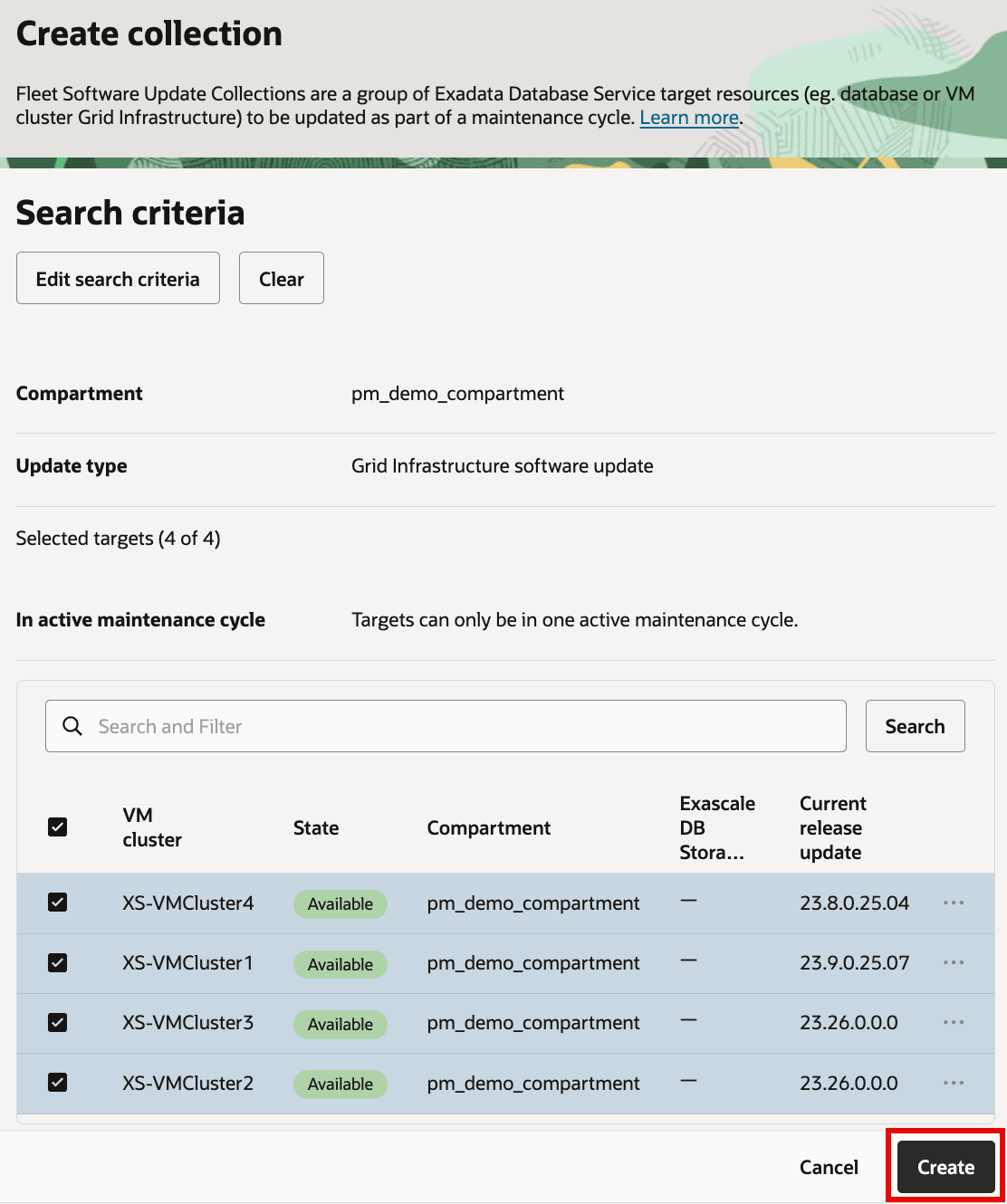 Grid Infrastructure collection target selection table with selected VM clusters and Create button highlighted