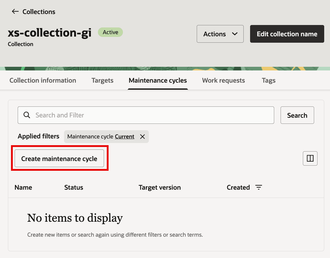 Grid Infrastructure collection Maintenance cycles tab with Create maintenance cycle highlighted