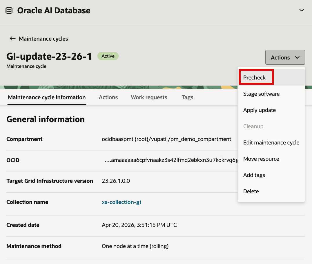 Grid Infrastructure maintenance cycle Actions menu with Precheck highlighted before staging