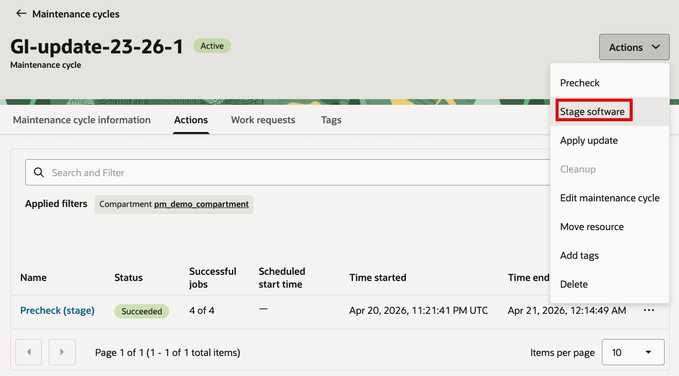 Grid Infrastructure maintenance cycle Actions menu with Stage software highlighted