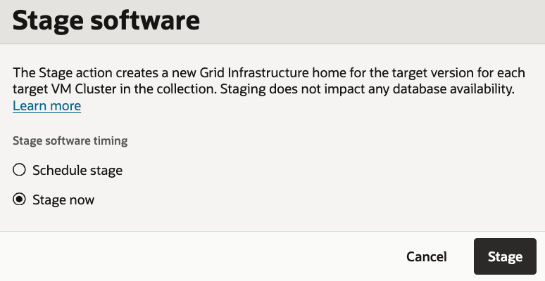 Confirmation dialog for starting the Grid Infrastructure stage software action
