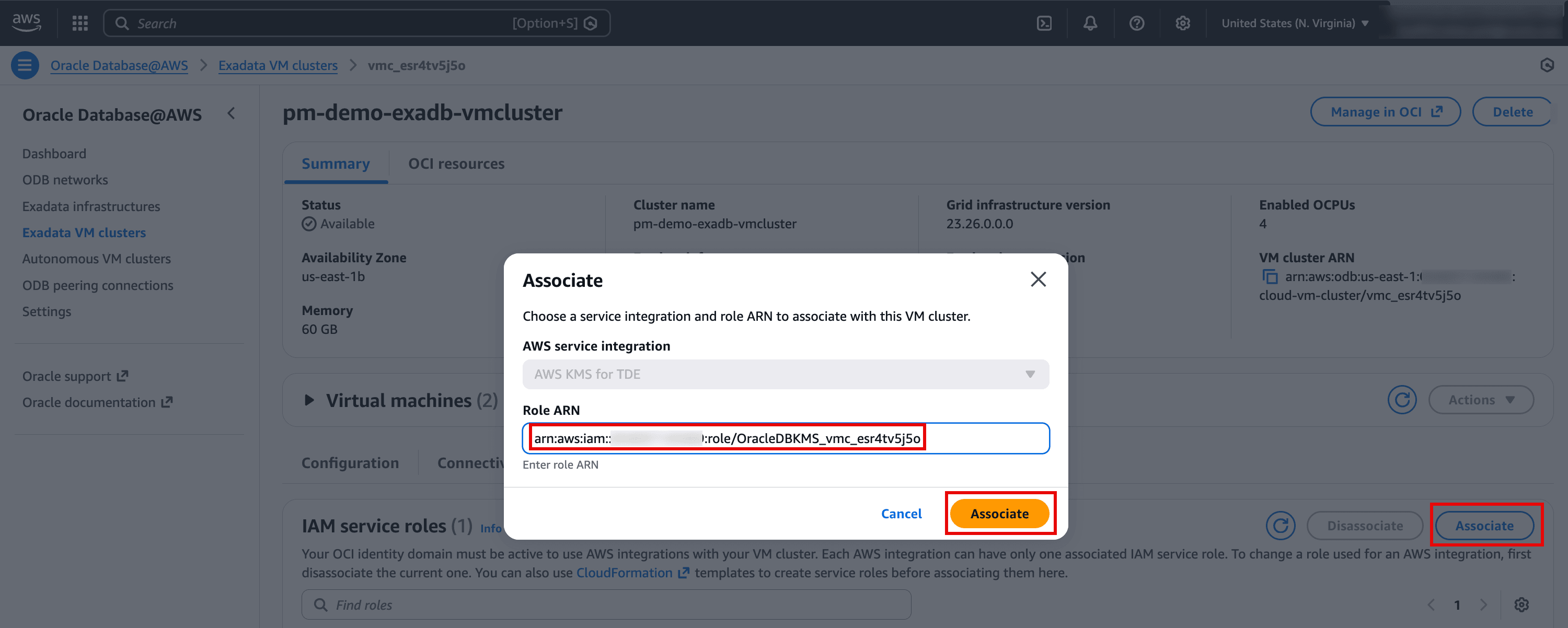 The screenshot shows the AWS console for Oracle Database@AWS on an Exadata VM cluster, with an Associate dialog open. In this dialog you’re selecting an AWS service integration (shown as AWS KMS for TDE) and entering the IAM Role ARN that the VM cluster will use to access KMS. The Role ARN field and the Associate button are highlighted, indicating the next step is to confirm the association. In the background, the VM cluster details page shows the cluster is Available and includes the option to manage it in OCI.