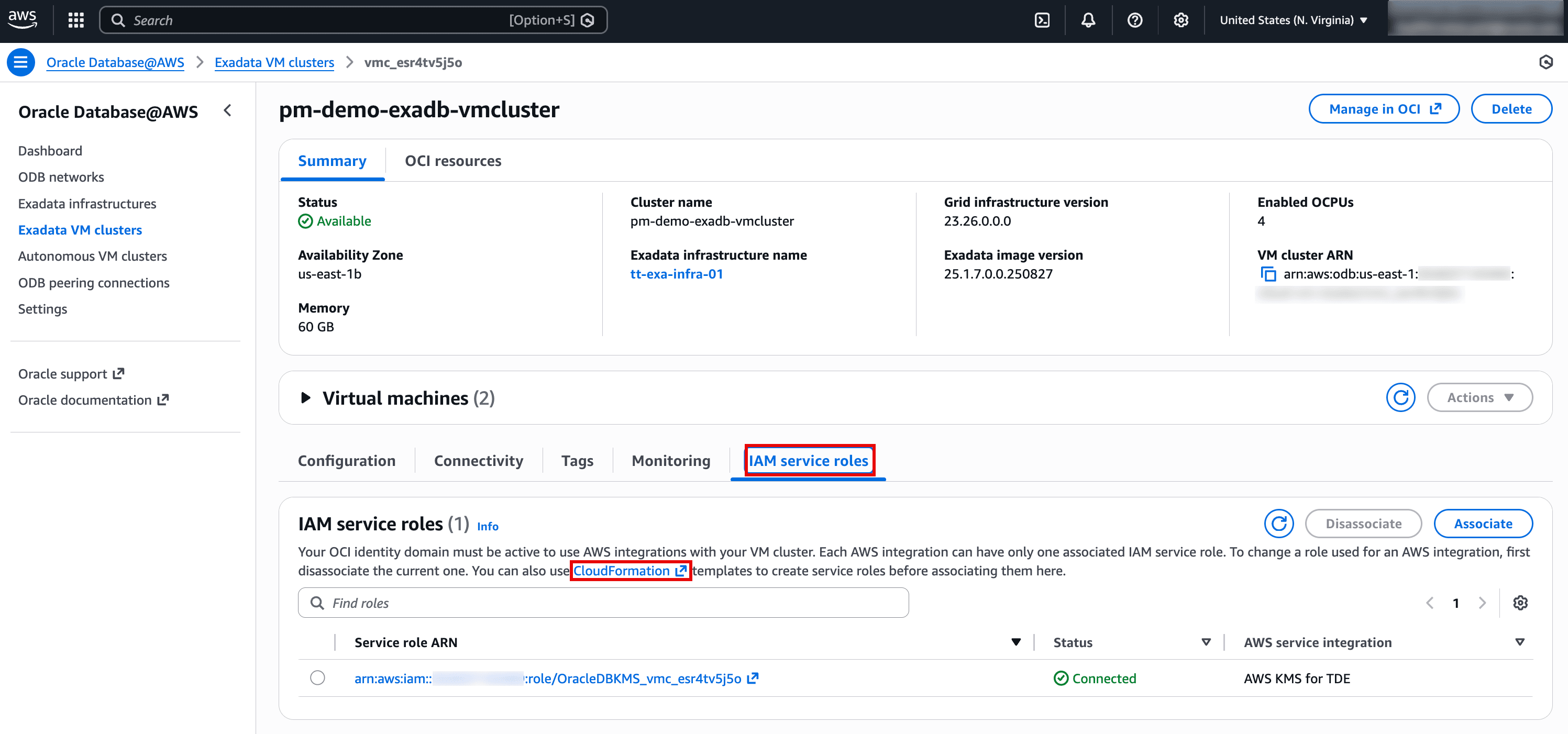 The image shows the AWS console page for an Oracle Database@AWS Exadata VM cluster (“pm-demo-exadb-vmcluster”), with the IAM service roles tab highlighted. In this section, you can associate or disassociate an IAM role used for AWS integrations, and there’s a link to CloudFormation templates to help create the required service roles. The table at the bottom lists a service role ARN whose status is Connected, and it’s associated with the AWS KMS for TDE integration. Overall, it’s confirming that the VM cluster has an IAM role wired up to use AWS KMS for database encryption key management.