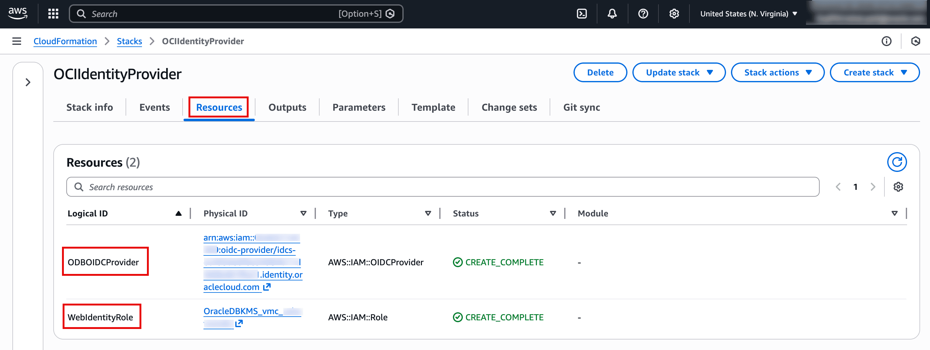 The screenshot is from AWS CloudFormation showing the Resources tab for a stack named OCIIdentityProvider. It lists two created resources: an IAM OIDC provider (logical ID ODBOIDCProvider) and an IAM role (logical ID WebIdentityRole). Both resources show a status of CREATE_COMPLETE, indicating the stack successfully provisioned the identity provider and role needed for web-identity/OIDC-based access. This setup is typically used to let an external identity system assume an AWS role securely without long-lived credentials.