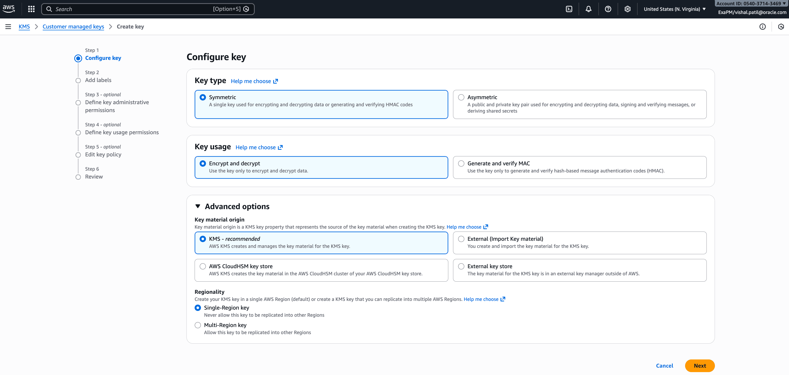 This screenshot shows Step 1: Configure key in the AWS KMS Create key wizard. The selections indicate a symmetric key intended to encrypt and decrypt data. In Advanced options, the key material origin is set to KMS (AWS-managed key material creation) and the key is configured as a single-Region key (not replicated to other regions). The Next button will proceed to adding labels and setting permissions/policy.
