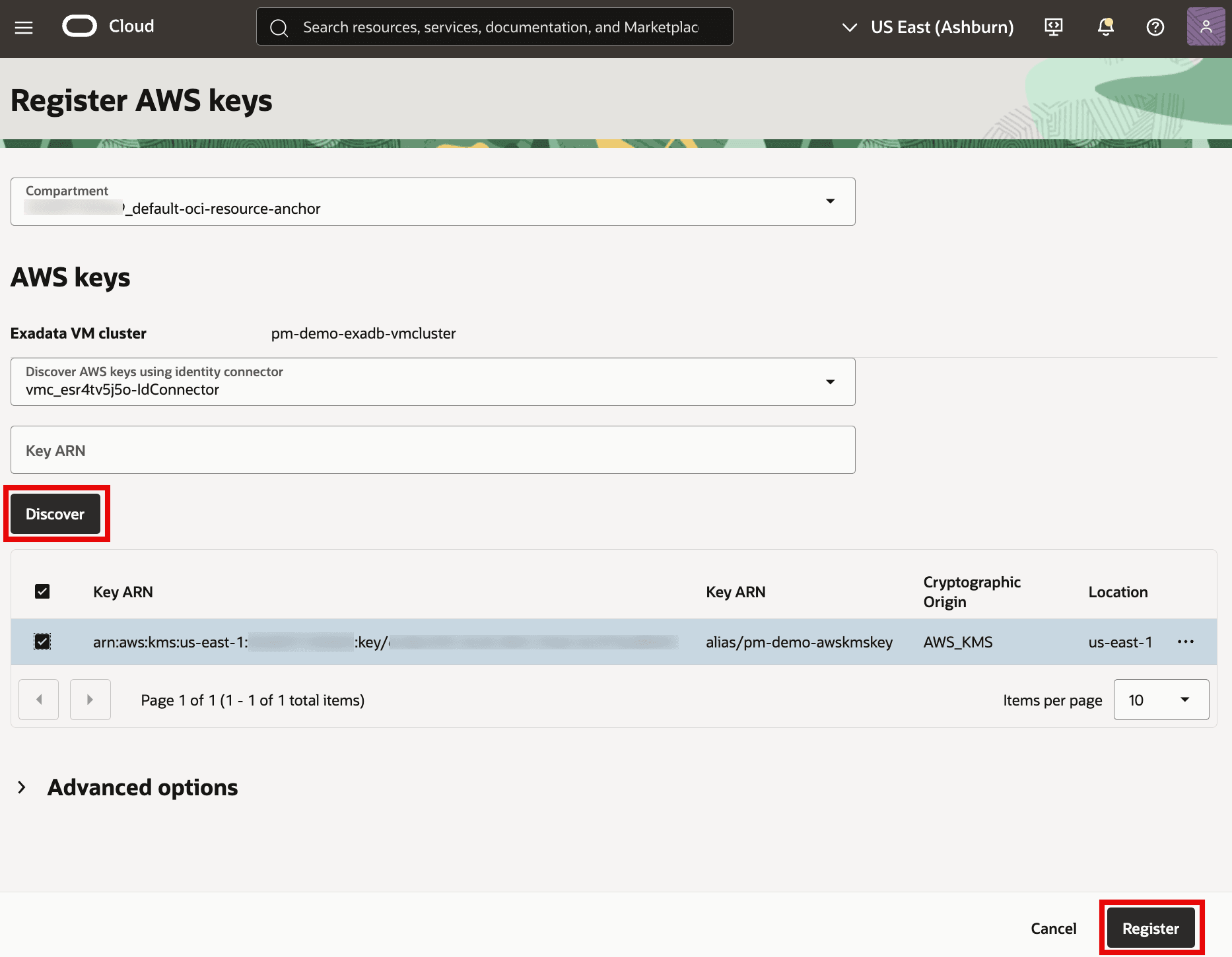 The image shows an OCI console page titled “Register AWS keys” used to register an AWS KMS key for an Exadata VM cluster (pm-demo-exadb-vmcluster). You can discover available AWS keys via an identity connector, which then populates a list of keys including the alias alias/pm-demo-awskmskey and its region/location. After selecting the desired key from the table, you click Register (highlighted) to make that key available for OCI-managed encryption/key management workflows. This step ensures only authorized, discovered keys can be selected later when configuring database encryption.
